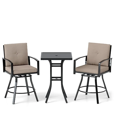 3 Pieces Patio Swivel Bar Set with Soft Cushions and Umbrella Hole