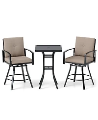 3 Pieces Patio Swivel Bar Set with Soft Cushions and Umbrella Hole