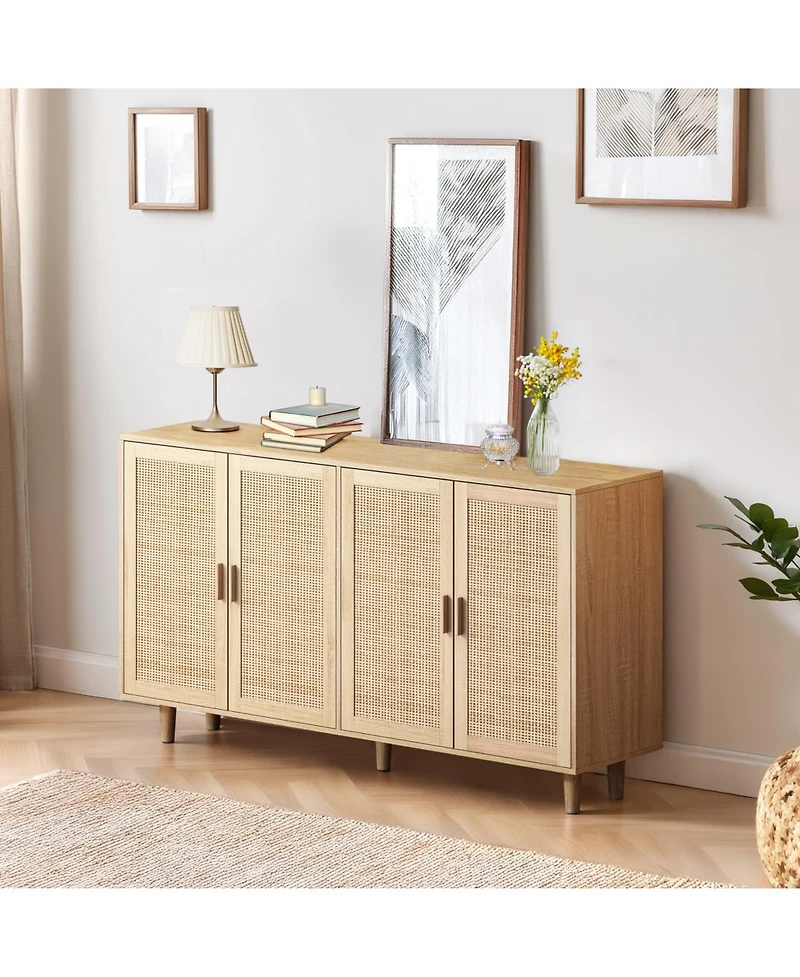 62.20" Elegant and Functional 4-Door Rattan Decorative Storage Cabinet, for Bedroom, Living Room, Office, Easy Assembly(Same Sku:W757133282)