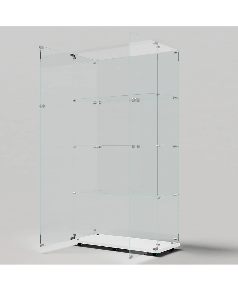 Streamdale White Tempered Glass Cabinet w/ Led, Lock & Wheels