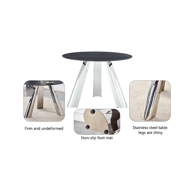 Streamdale Round Table and 4 Black Chairs with Silver Metal Legs, Sintered Stone Tabletop