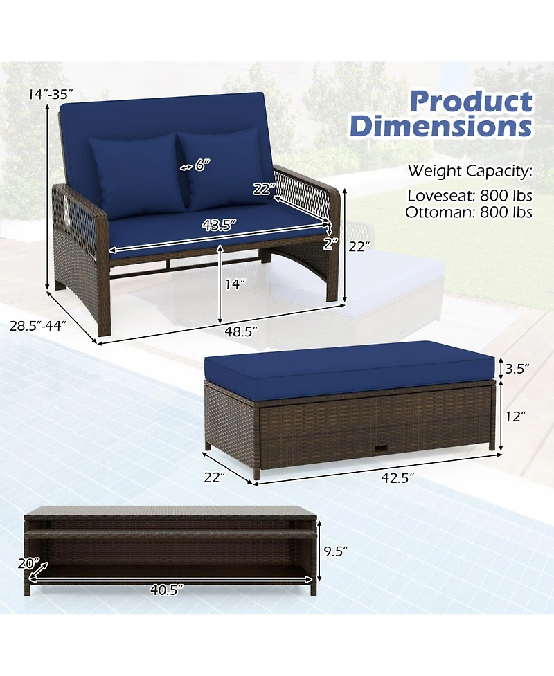Patio Adjustable Wicker Daybed with 4-Level Backrest and Soft Cushions-Navy
