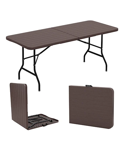 6 Feet Folding Table with Wood Grain Hdpe Tabletop and Safe Lock Mechanism-Brown