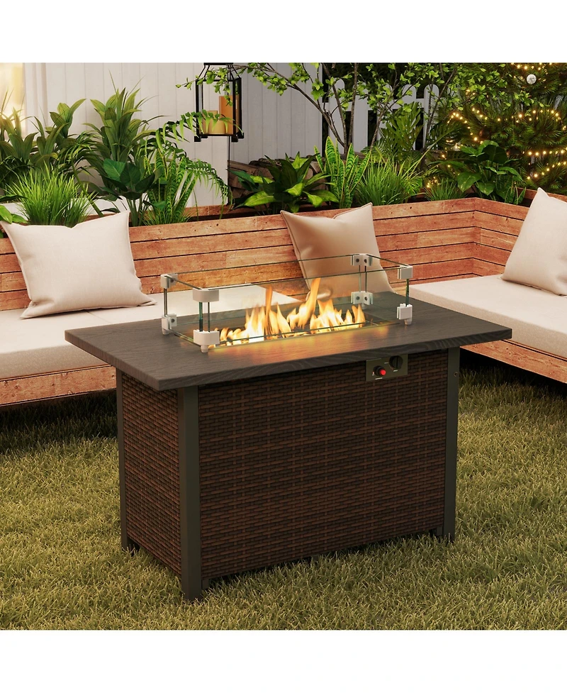 50000 Btu 2 Inch ropane Gas Fire Pit Table with Wind Guard and Glass Rocks-Brown