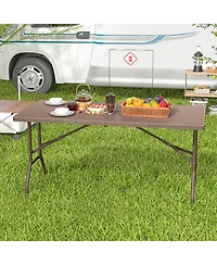 5FT Folding Picnic Table with Rattan Grain Hdpe Tabletop and Sturdy Metal Fame