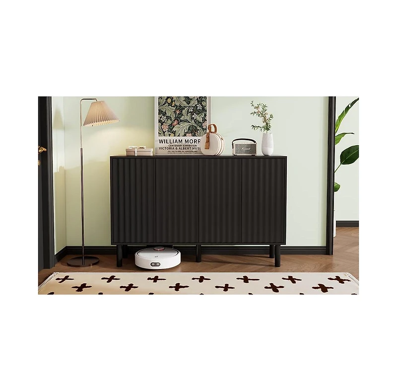 Cream Sideboard with 4 Fluted Doors and 5 Wood Legs