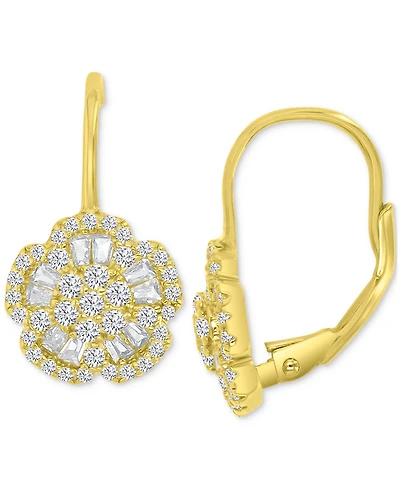Cubic Zirconia Round & Baguette Flower Motif Leverback Drop Earrings