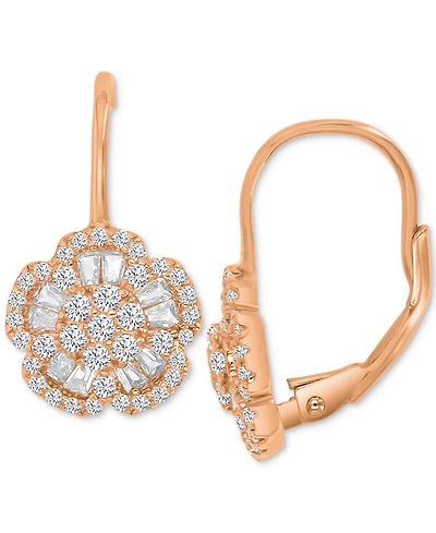 Cubic Zirconia Round & Baguette Flower Motif Leverback Drop Earrings