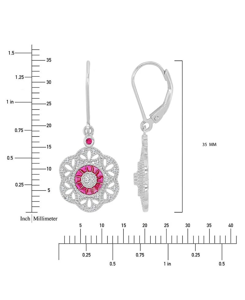 Pink & White Cubic Zirconia Openwork Flower Leverback Drop Earrings in Sterling Silver