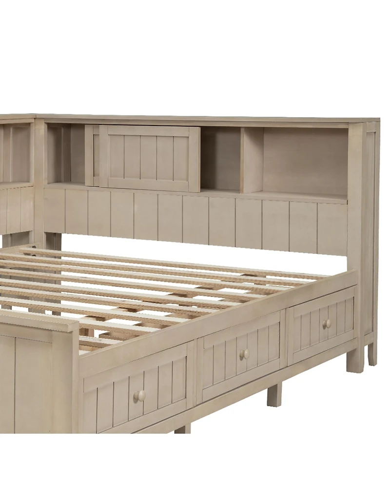 Streamdale Furniture Full Size Wood Daybed with Storage Shelves and 3 Drawers, Antique White Milk
