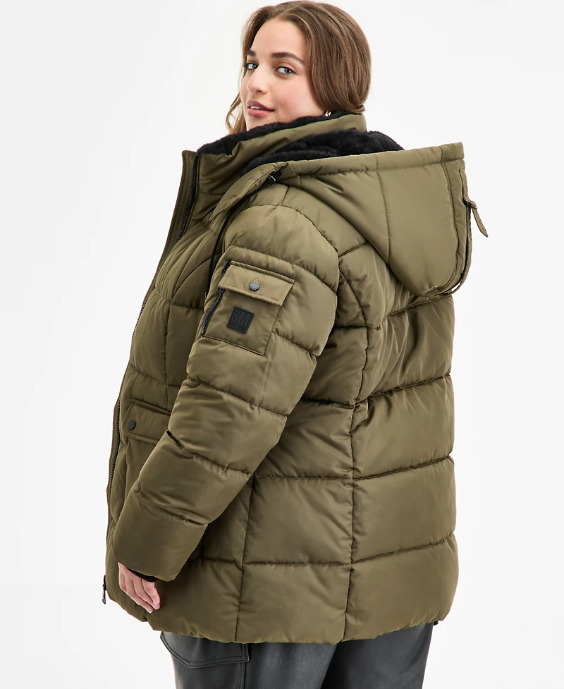Steve Madden Plus Size Hooded Utility-Pocket Puffer Coat