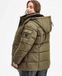 Steve Madden Plus Size Hooded Utility-Pocket Puffer Coat