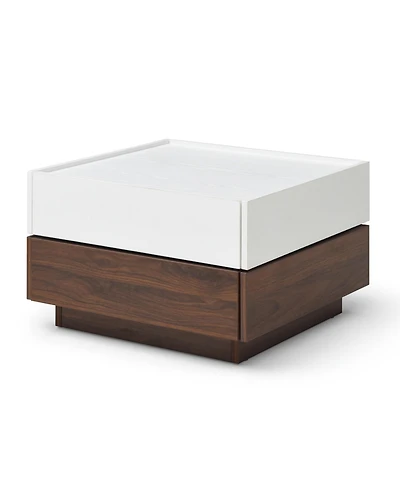 Swivel Coffee Table with 2 Drawers, 2-Tier Storage, Square Top (White and Walnut)