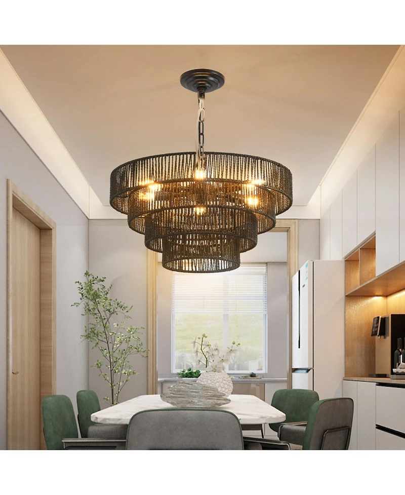 Streamdale 4-Tier Black Hemp Rope Chandelier with 6 Sockets, Ul Listed Hardwired Pendant Light