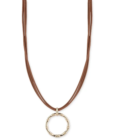 Lauren Ralph Lauren Gold-Tone Brown Leather Pendant Necklace, 16" + 3" extender