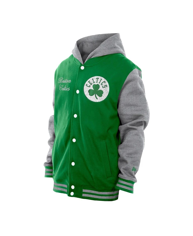 New Era Men's Kelly Green Boston Celtics Throwback Prep Chenille Full-Snap Hooded Varsity Jacket