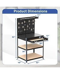 32 x 16 Inch Workbench Work Table with 2 PCs Pegboard Drawer and Shelves-Black