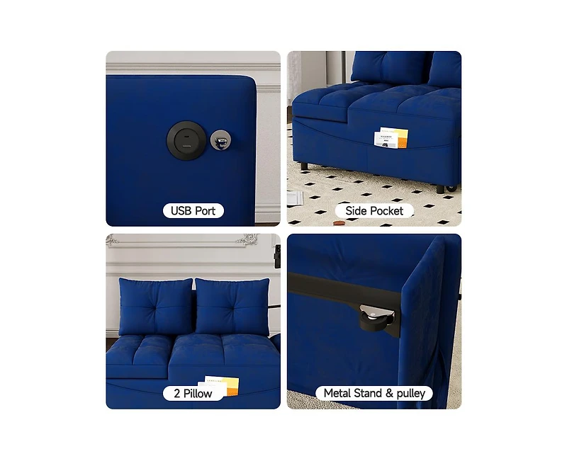 Streamdale Modern Velvet Foldable Sofa Bed with Adjustable Back, Usb Port, and Phone Stand