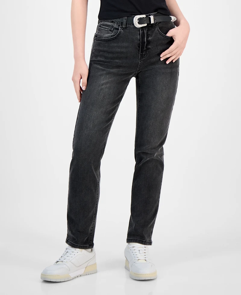 Dollhouse Juniors' Western Belt Relaxed Straight-Leg Jeans