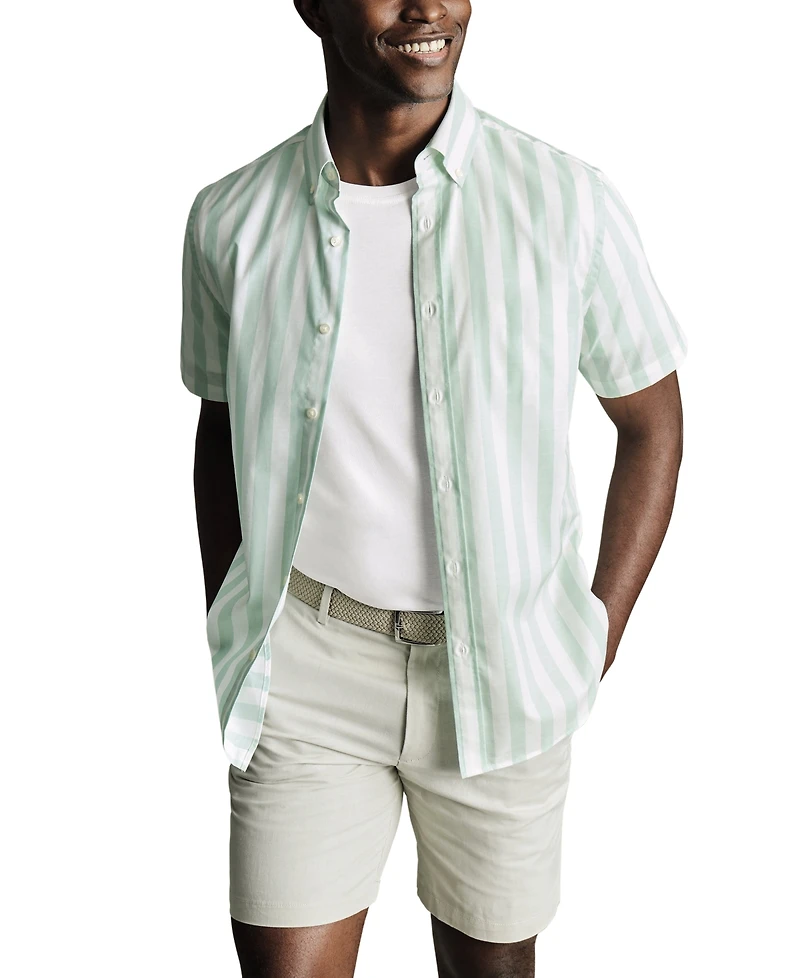 Charles Tyrwhitt Men's Slim Fit Short Sleeve Wrinkle-Resistant Striped Button-Down Shirt