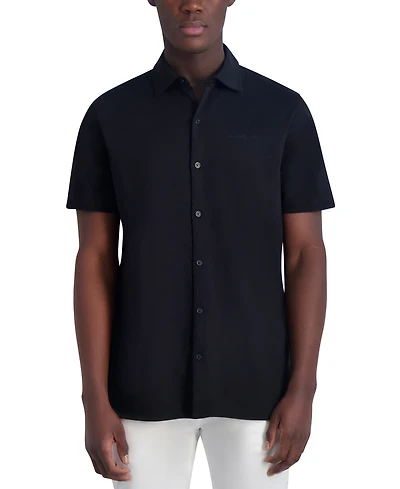 Karl Lagerfeld Paris Men's Short Sleeve Collared Knit Button Front T-Shirt