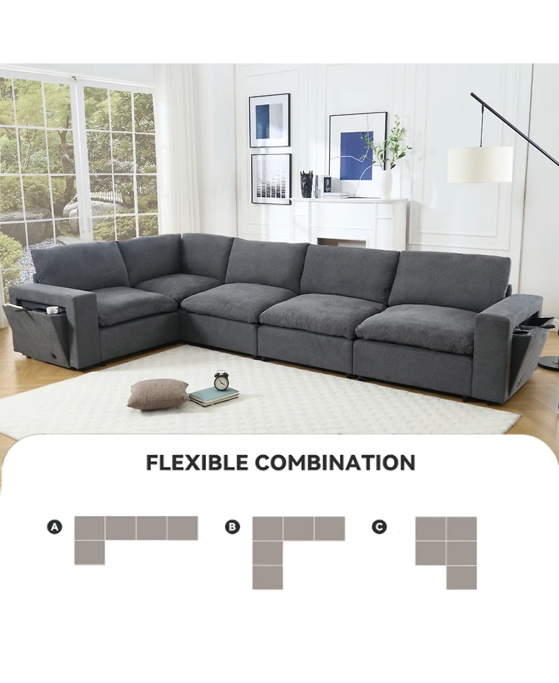 Streamdale Gray Modular Sectional Sofa with Wireless Charging, Cup Holders, Book Storage