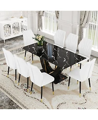 Streamdale Black Marble Pattern Tempered Glass Dining Set - 71"x35.4" with 8 White Pu Chairs With a Widened Backrest Design