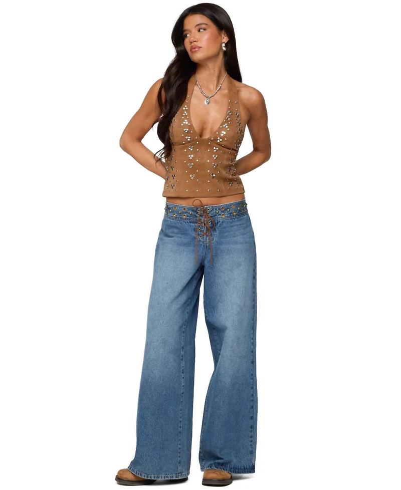 Edikted Womens Xaria Studded Faux Suede Halter Top
