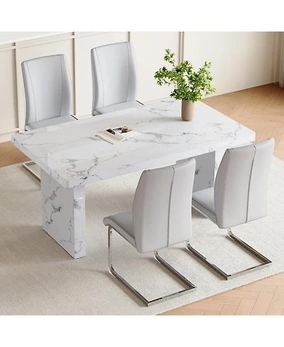 White Marble Table & Gray Pu Chairs - 4 Seat Dining Set