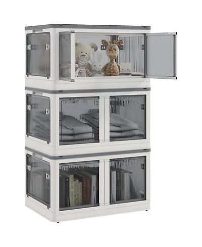 32 Gal Stackable Storage Bins with Lids, 3 Packs Collapsible Closet Organizers and Storage, Plastic Drawer Storage Container on Wheels with 5-Sided Ac