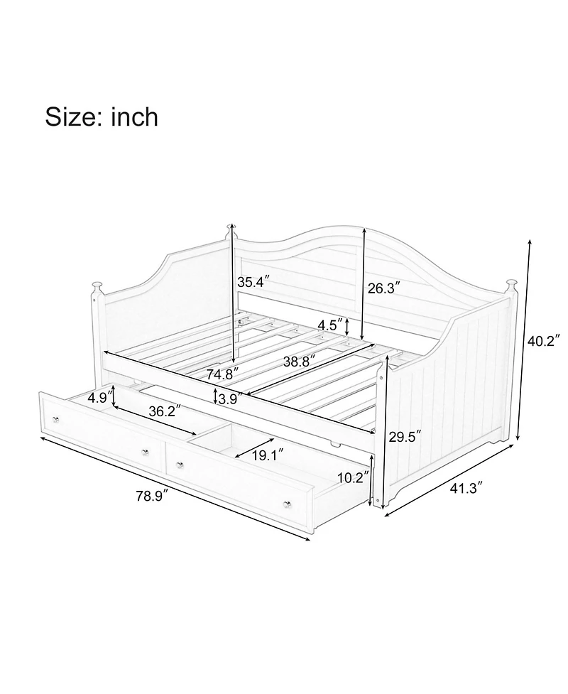 Streamdale Twin Size Wood Daybed with 2 Storage Drawers, Wooden Sofa Bed with Handrail for Living Room Bedroom, Light Grey