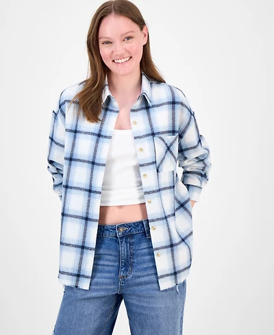 Just Polly Juniors' Girlfriend Frayed-Hem Plaid Shirt