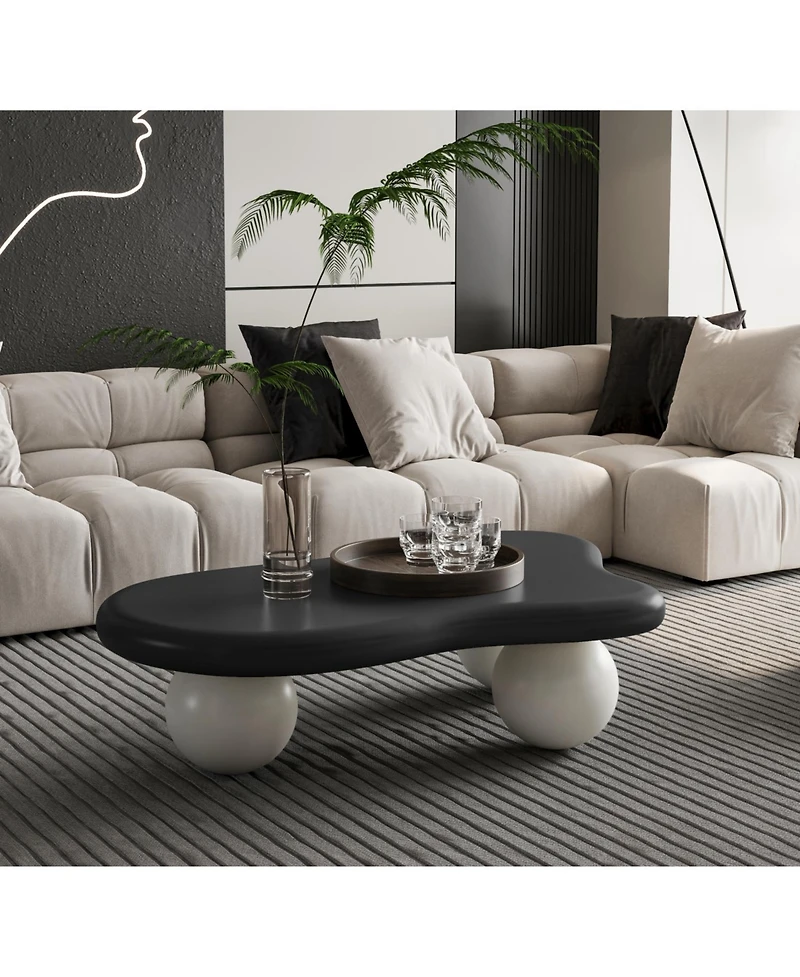 Streamdale 40 Inch Cloud Shaped Coffee Table with 3 Ball Legs for Living Room, Black Top White Legs