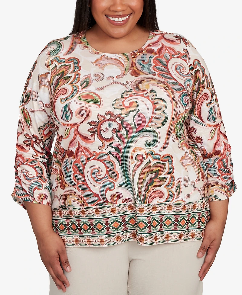 Alfred Dunner Plus Copper Canyon Textured Scroll Border Ruched Sleeves Top