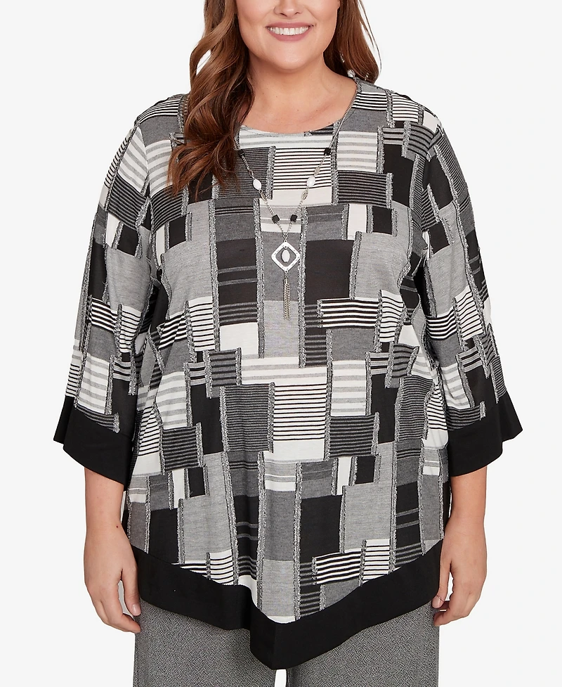 Alfred Dunner Plus Santa Barbara Patchwork Solid Black Trim Top