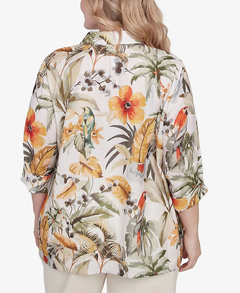 Alfred Dunner Plus Classic Tropical Bird Button Front Top