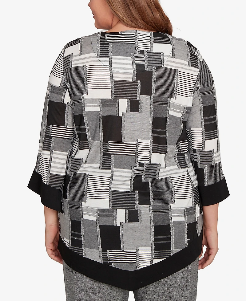 Alfred Dunner Plus Santa Barbara Patchwork Solid Black Trim Top