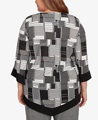 Alfred Dunner Plus Santa Barbara Patchwork Solid Black Trim Top