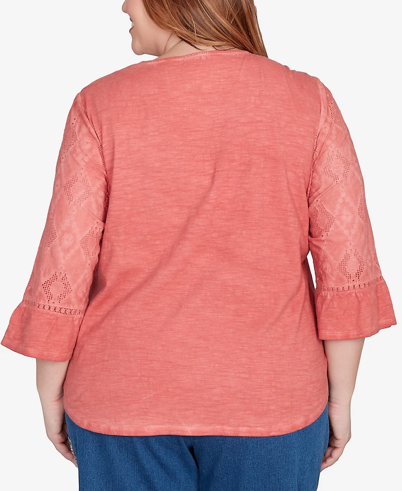 Alfred Dunner Plus El Paso Diamond Textured Spliced Bell Sleeve Top