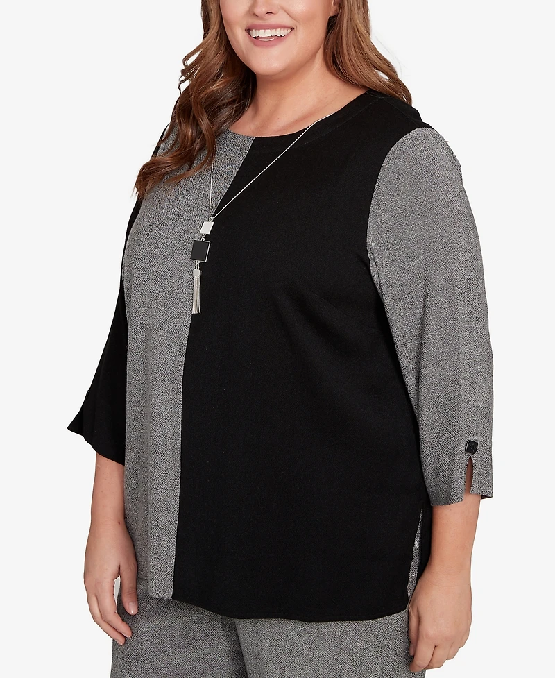 Alfred Dunner Plus Santa Barbara Center Sliced Top with Necklace
