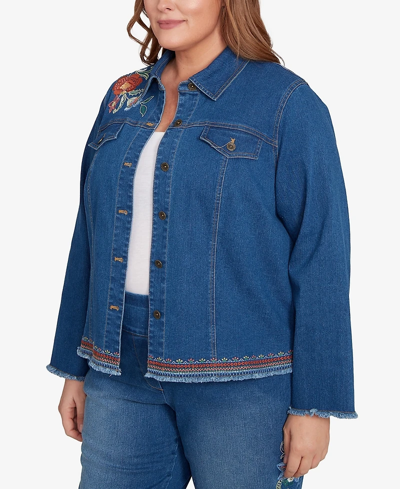 Alfred Dunner Plus El Paso Floral Vine Embroidered Border Denim Jacket