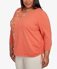 Alfred Dunner Plus Copper Canyon Asymmetric Floral Embroidered Tie Ruching Top
