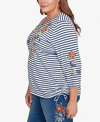 Alfred Dunner Plus El Paso Floral Stripe Ruched Sides Top