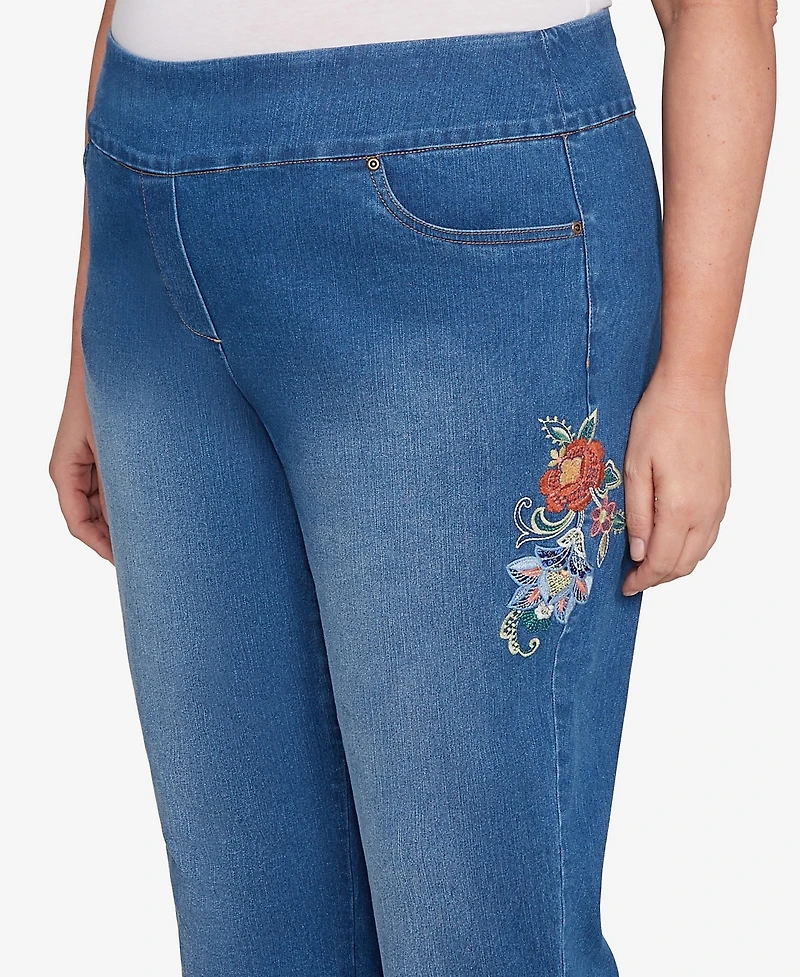 Alfred Dunner Plus Size El Paso Floral Vine Embroidered Denim Ankle Pants