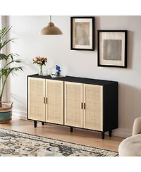 62.20" Elegant and Functional 4-Door Rattan Decorative Storage Cabinet, for Bedroom, Living Room, Office, Easy Assembly, Black(Same Sku:W757P1749