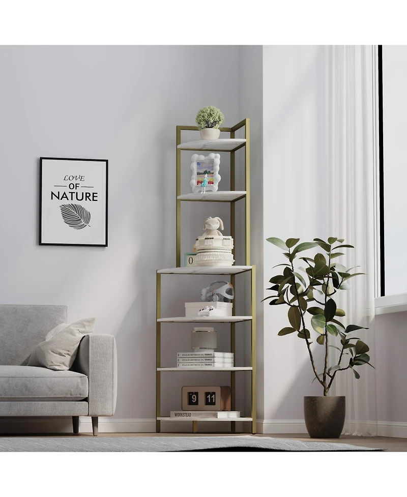 Streamdale 6-Tier Corner Bookshelf with Open Shelves, Rustic Brown