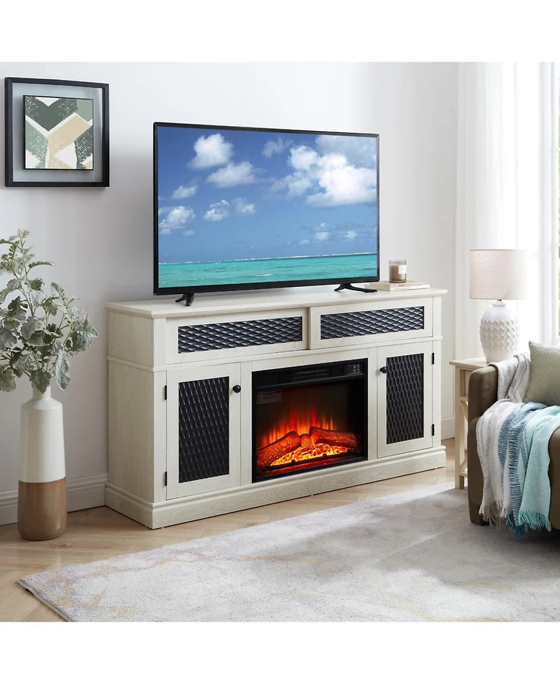 Streamdale Embossed Tv Stand with 23" Fireplace, Media Console with Storage, White (58.3"W x 31.7"H)