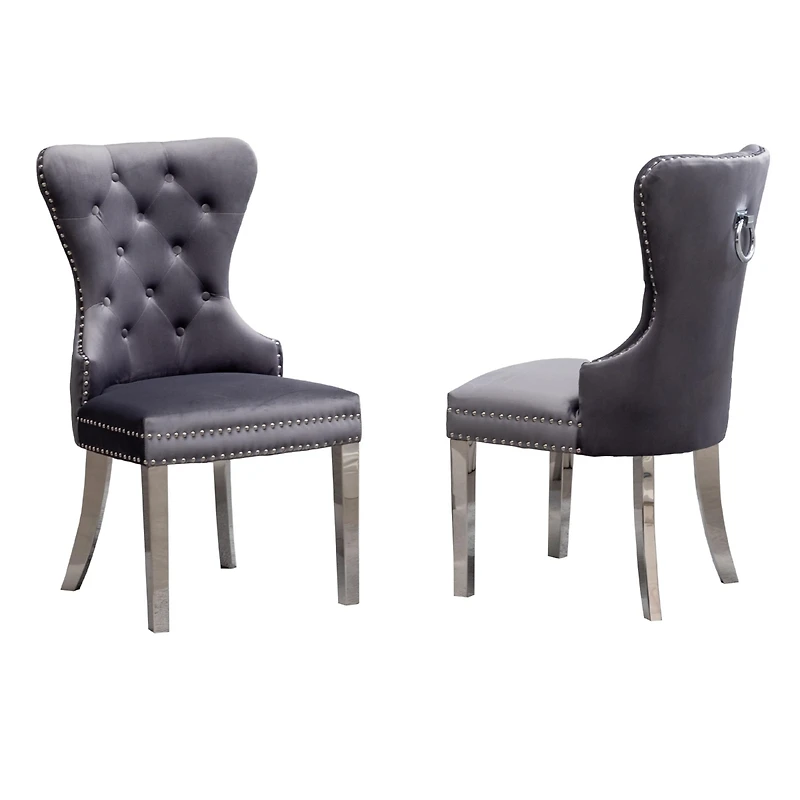 Contemporary Tufted Velvet Chair with Nailhead Trim, Set of 2, Gray