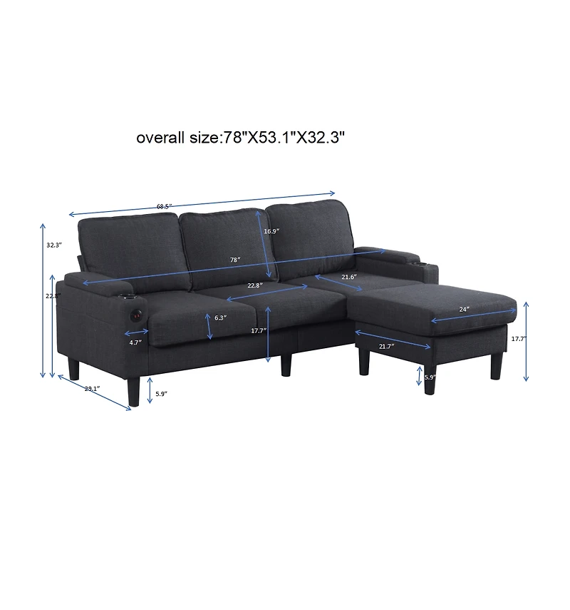 Streamdale 3-Seat Dark Grey Knockdown Sofa with Ottoman and Storage
