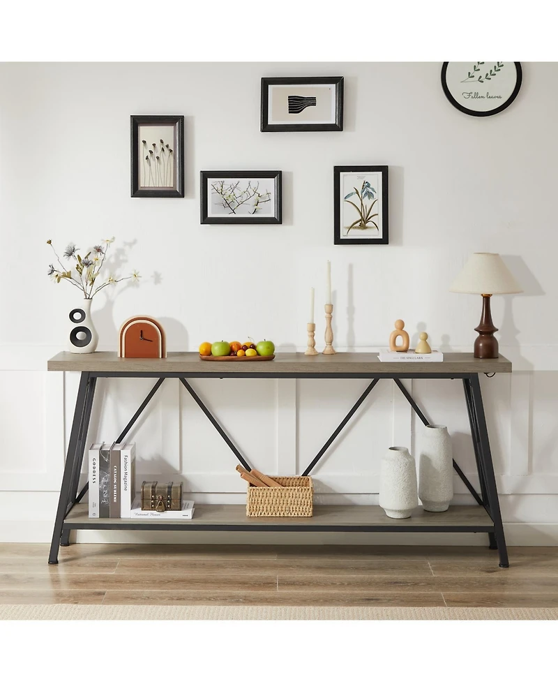 70" Long Sofa Console Table with 2 Shelves for Entryway, Living Room, Rustic Gray